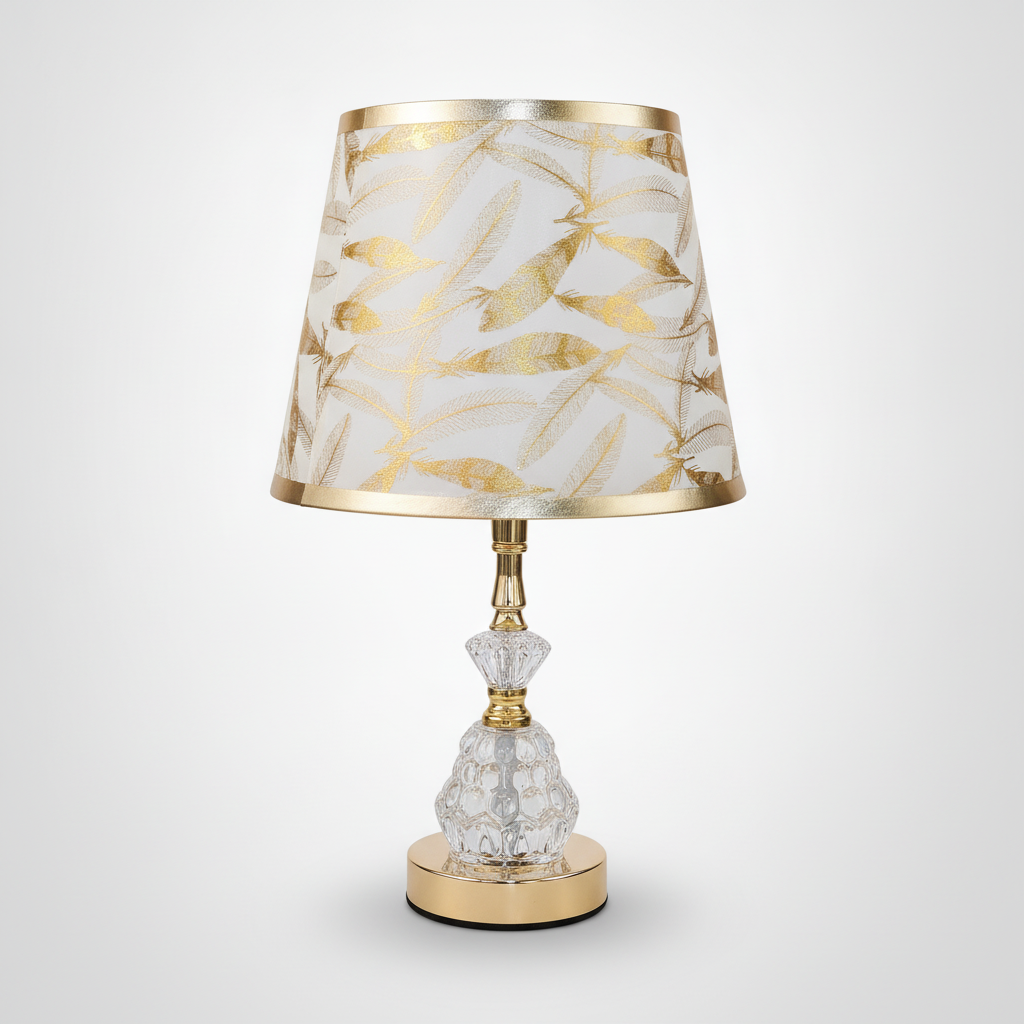 Gold Feather Crystal Table Lamp with Brass Finish Base