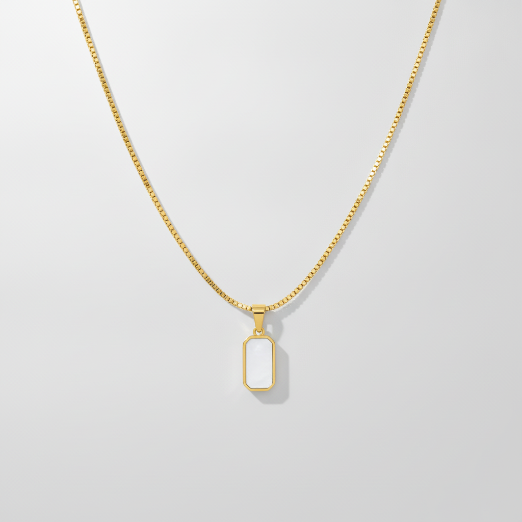 Gold Box Chain Necklace with Mother of Pearl Pendant