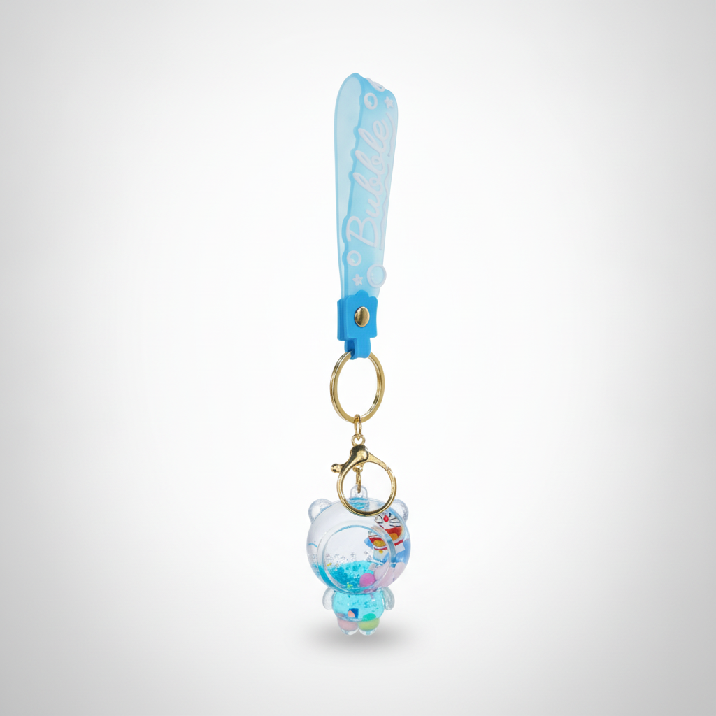 Doraemon Bubble Keychain with Liquid Glitter Heart Charm