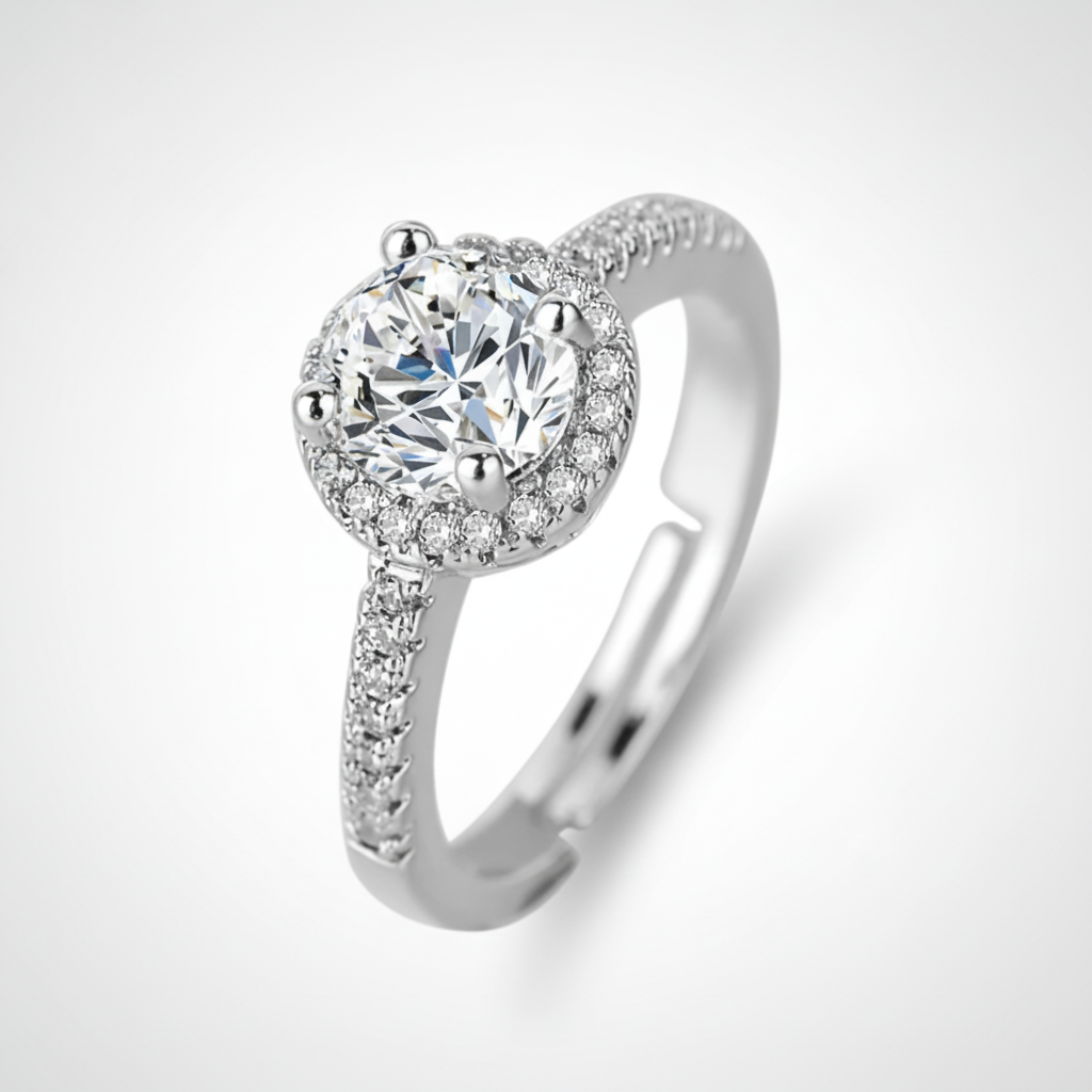 Halo Diamond CZ Sterling Silver Adjustable Ring