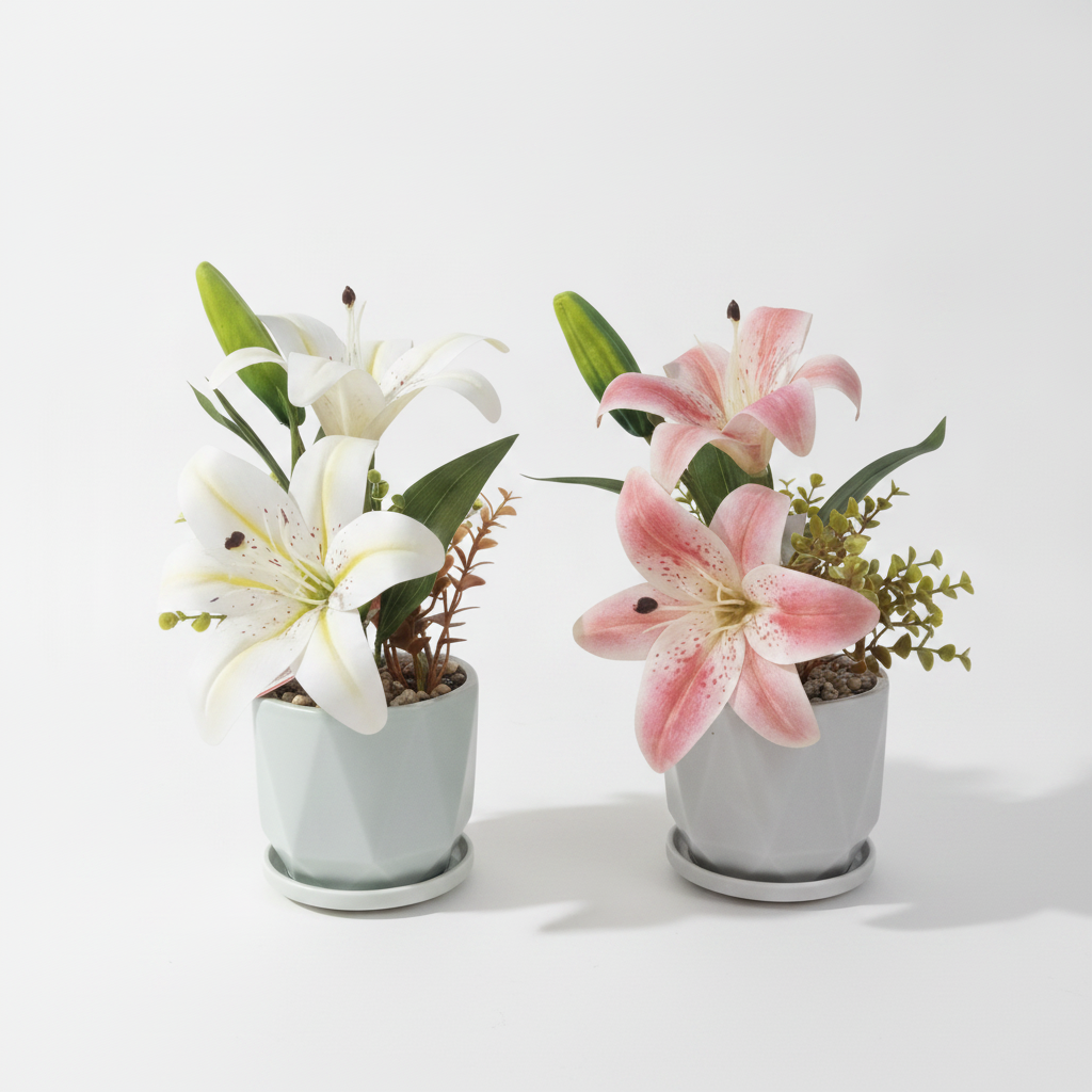 Realistic Lily Potted Flower Arrangement – Faux Botanical Decor