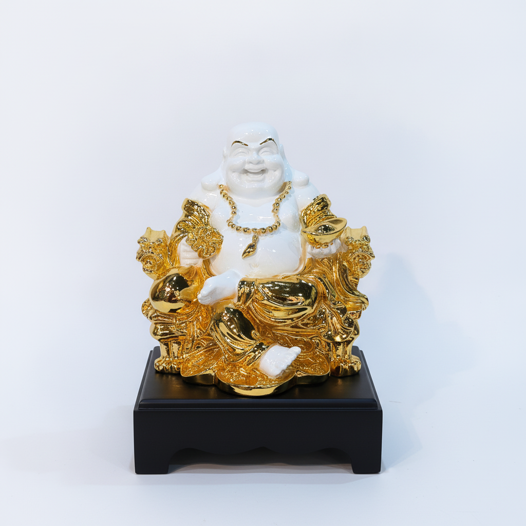 Gold & White Laughing Buddha Figurine on Black Wood Base