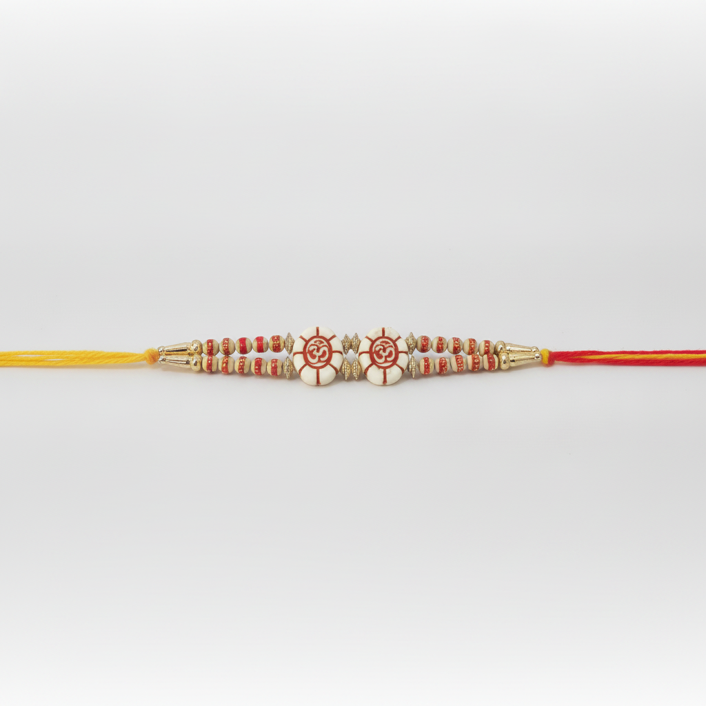 Om Rakhi Bracelet – Double Strand Red & Yellow Thread