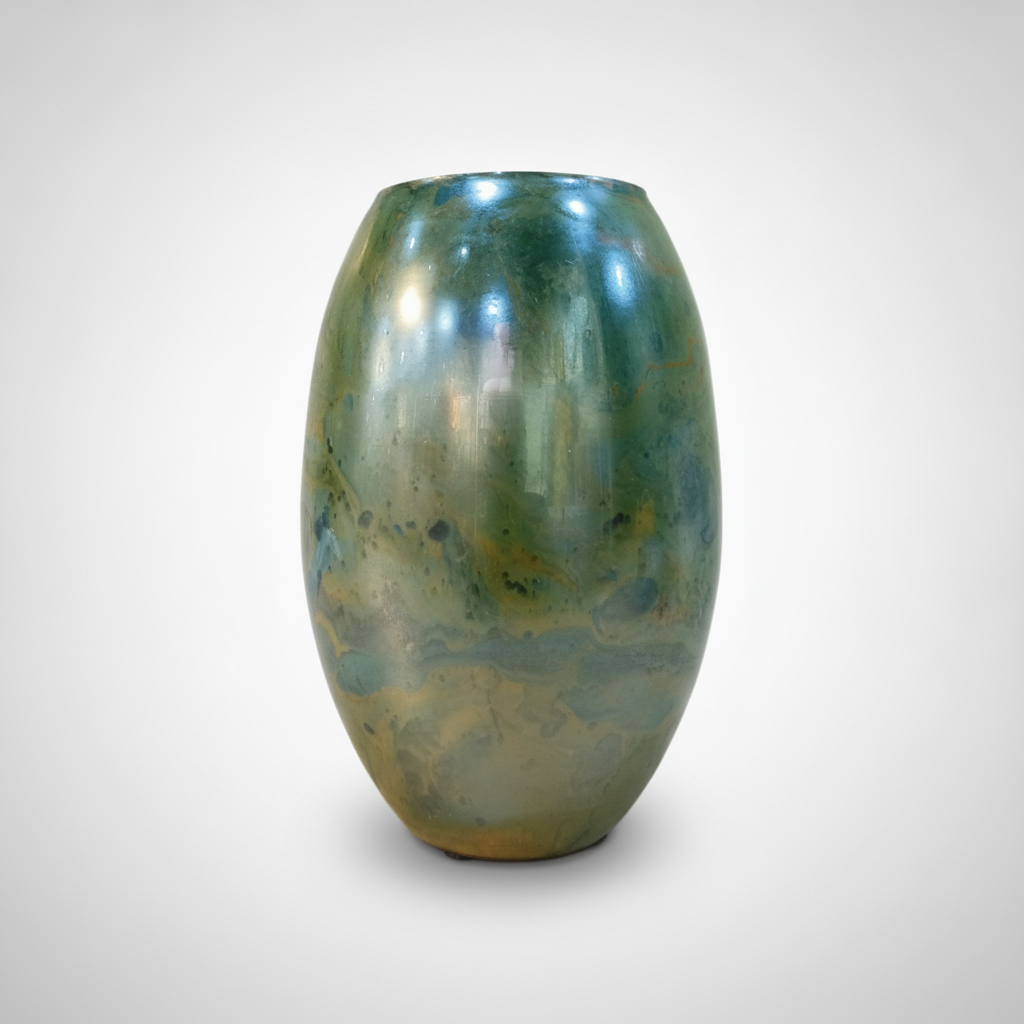 Iridescent Green Art Glass Vase – Marbled Oval Décor Piece