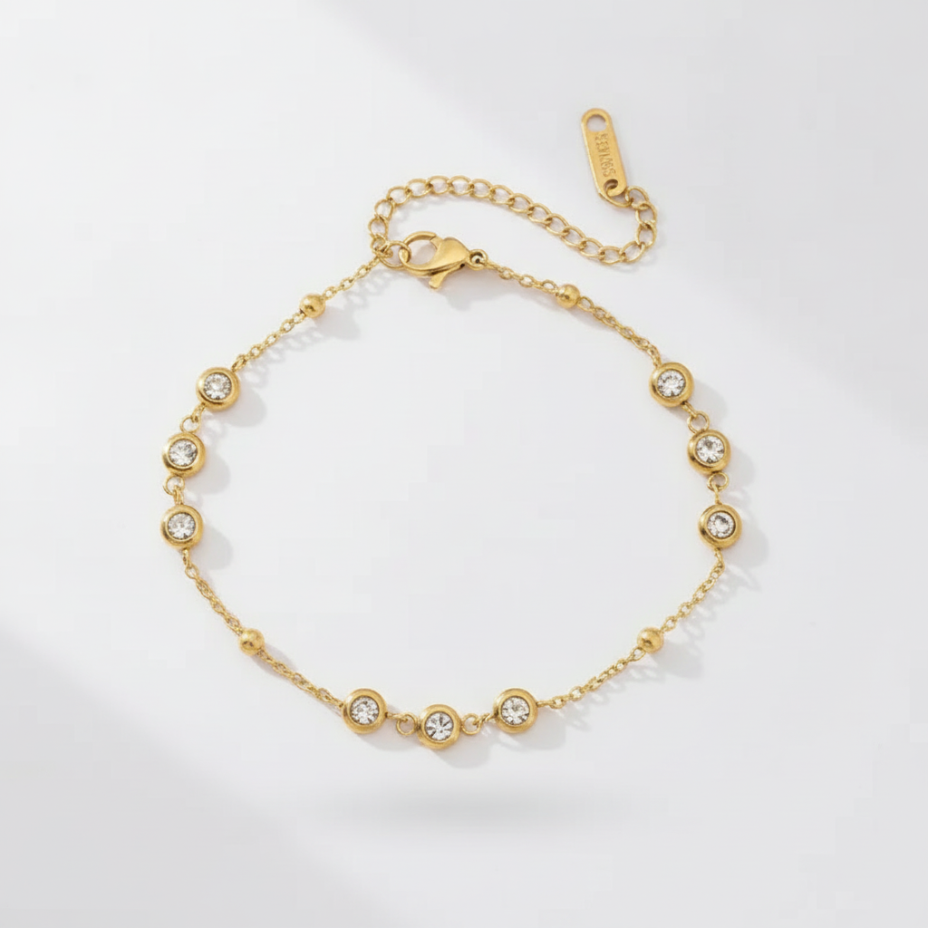 Gold Crystal Bezel Bracelet | Dainty CZ Station Chain