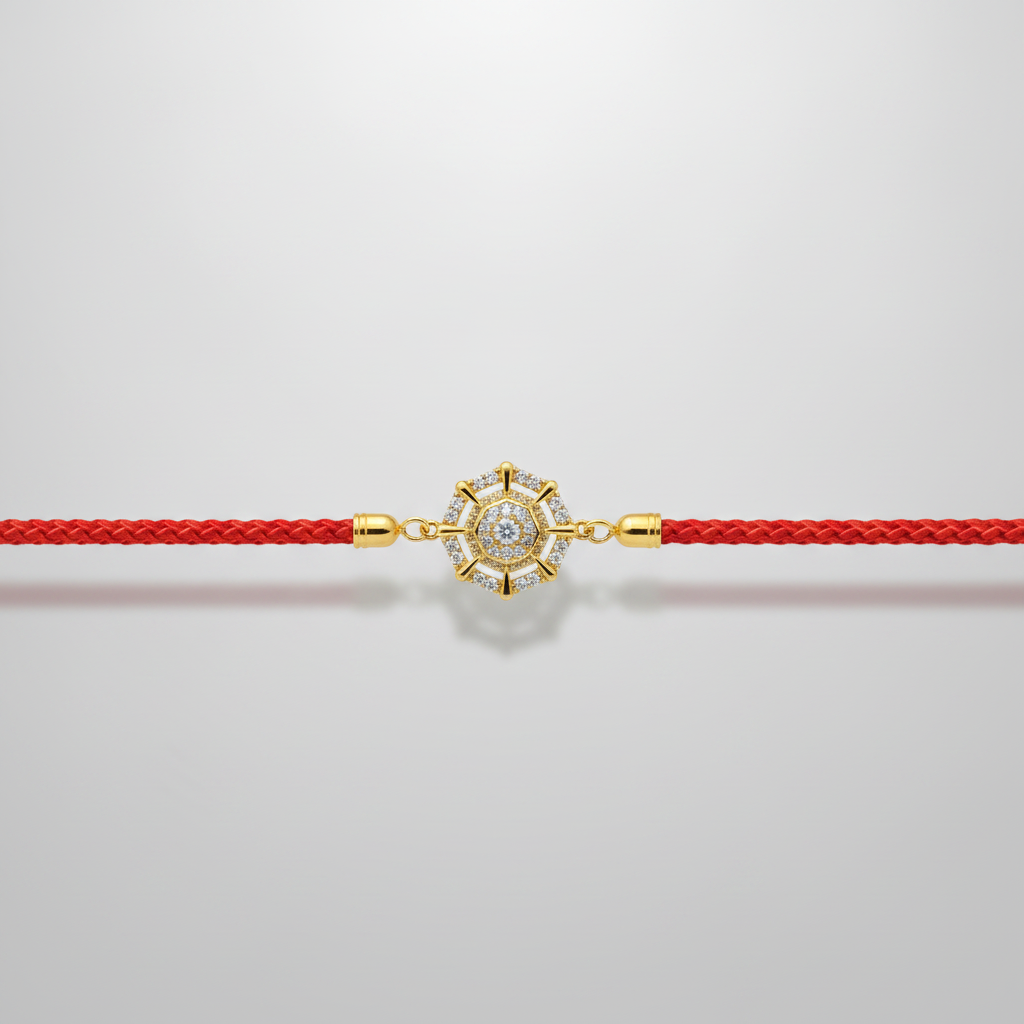 Elegant Diamond-Studded Gold Rakhi with Red Thread