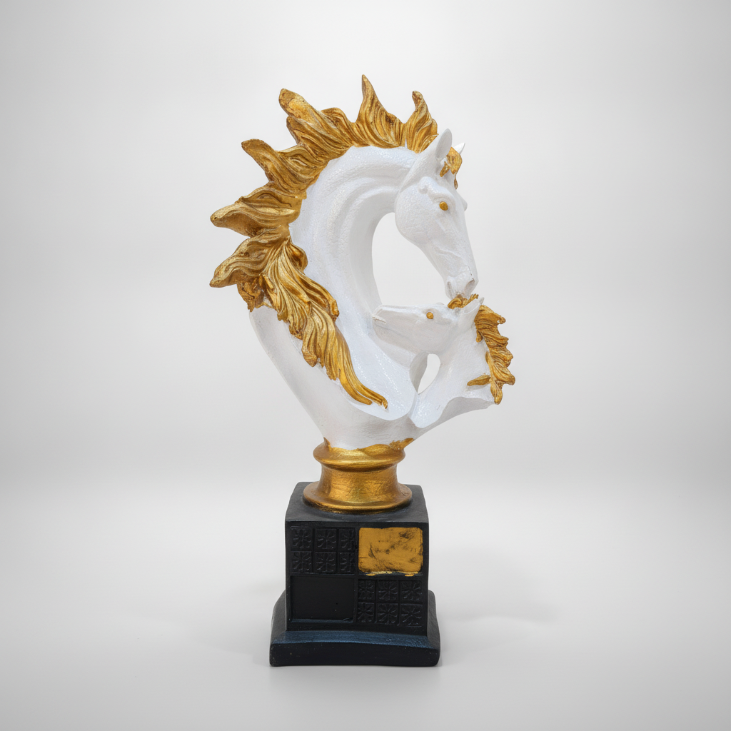 Dual Horse Head Sculpture – White & Gold Resin Décor, 15.5"