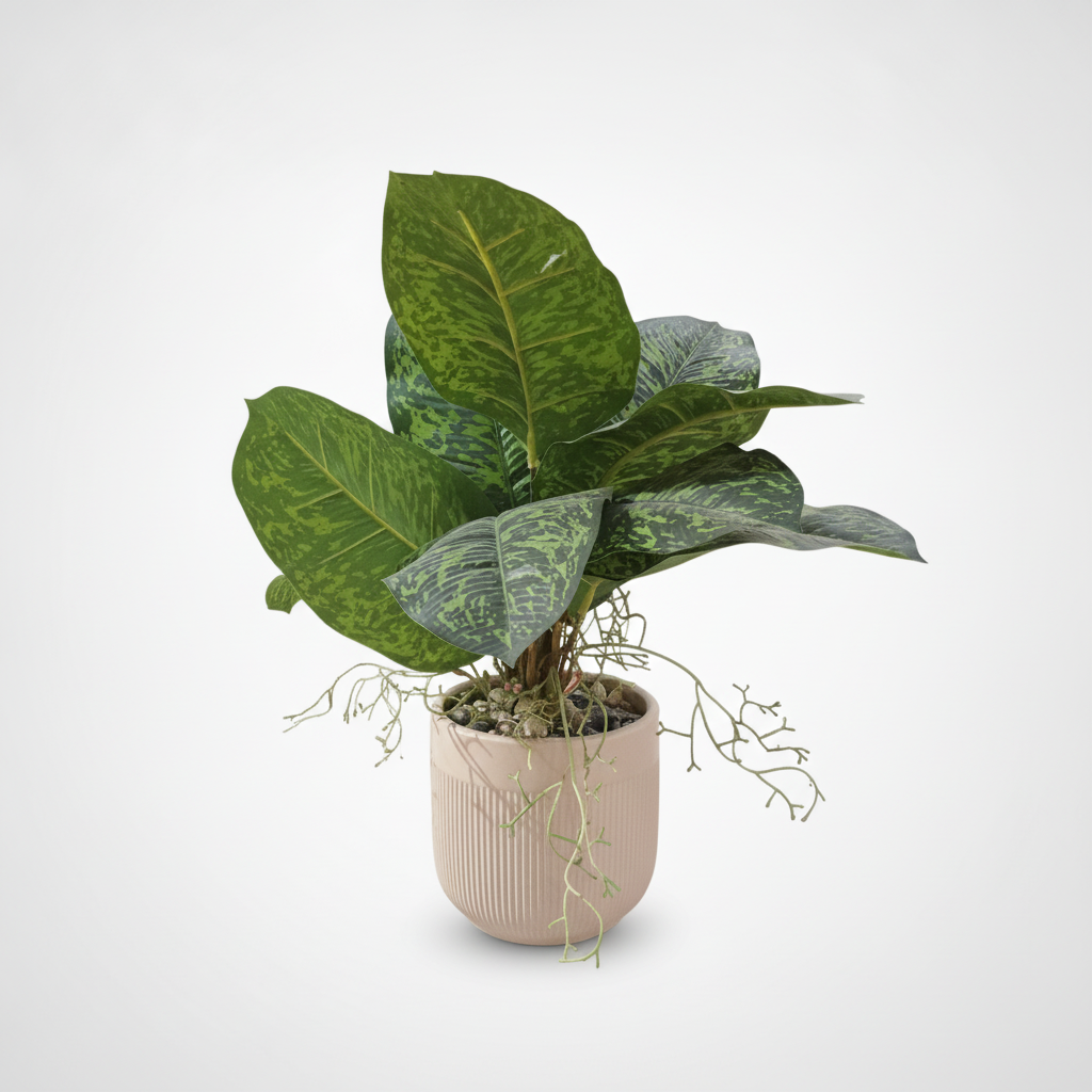 Tropical Dieffenbachia Artificial Plant in Ribbed Pink Pot