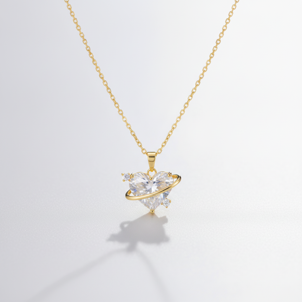 Crystal Heart Planet Pendant Necklace | Gold Chain