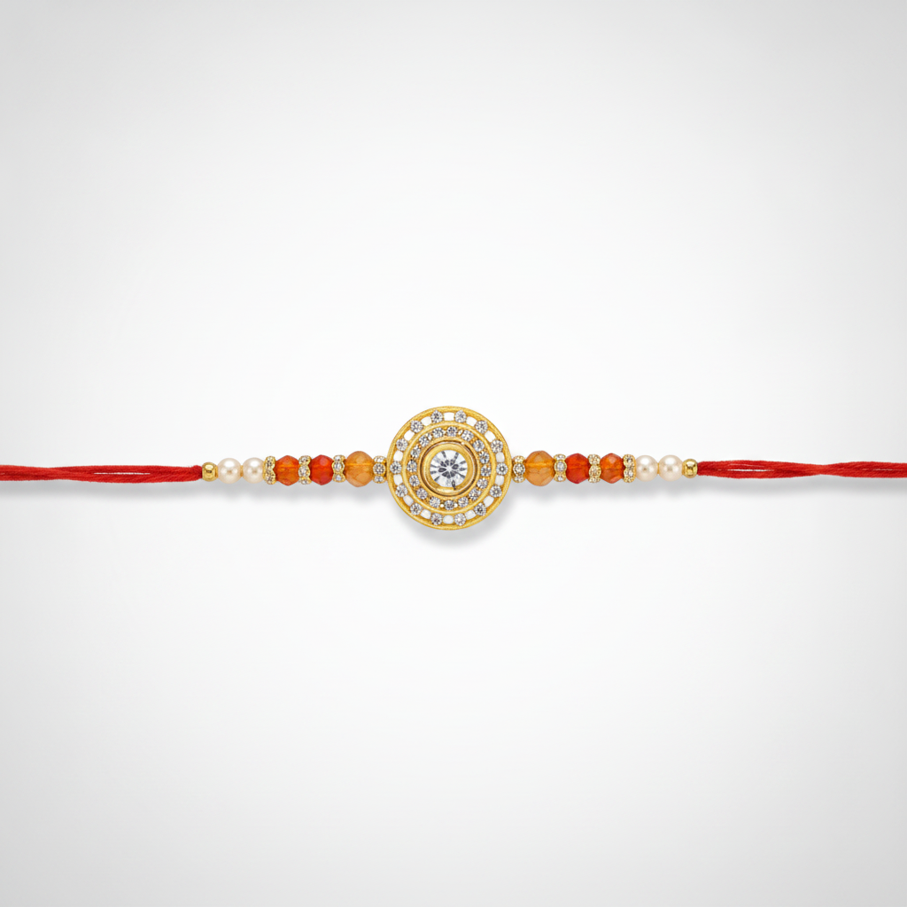 Elegant Crystal & Pearl Rakhi with Gold-Tone Mandala Charm