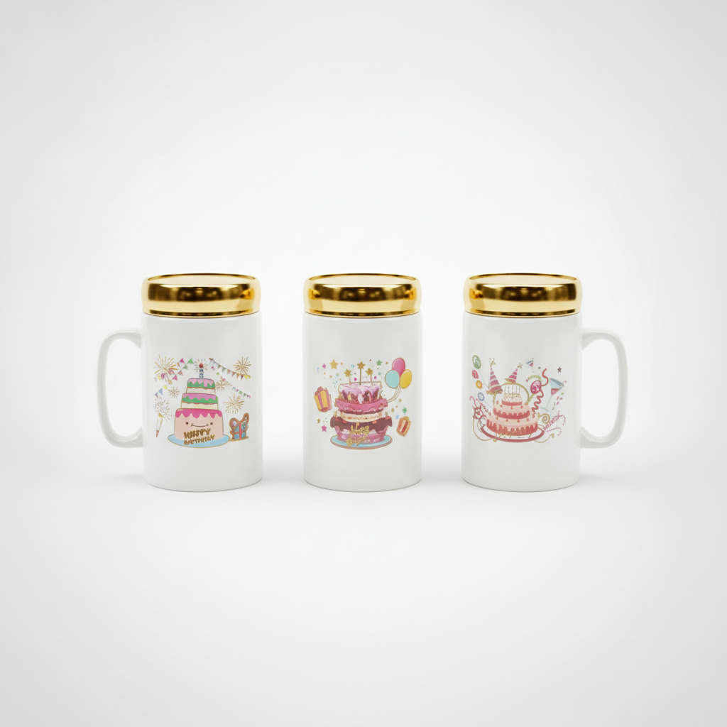 Happy Birthday Ceramic Mug with Gold Rim – Festive Cake Design