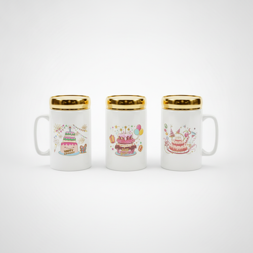 Happy Birthday Ceramic Mug with Gold Rim – Festive Cake Design