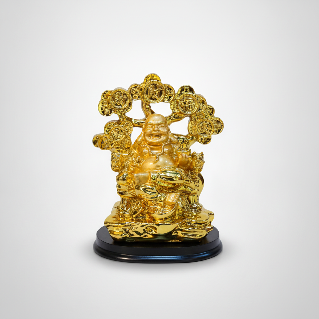Golden Laughing Buddha Figurine with Coin Tree – Feng Shui Décor