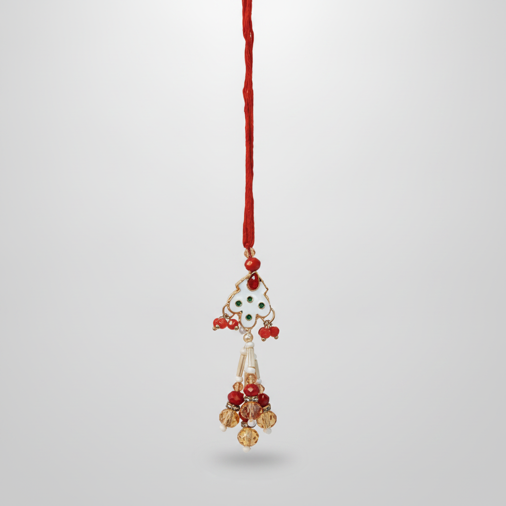Meenakari Rakhi with Crystal & Coral Bead Tassel