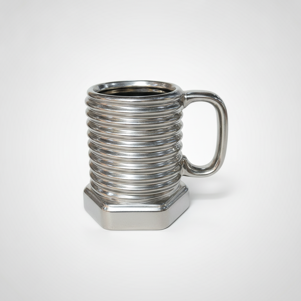 Industrial Bolt Mug – Chrome-Finish Ceramic Coffee Mug