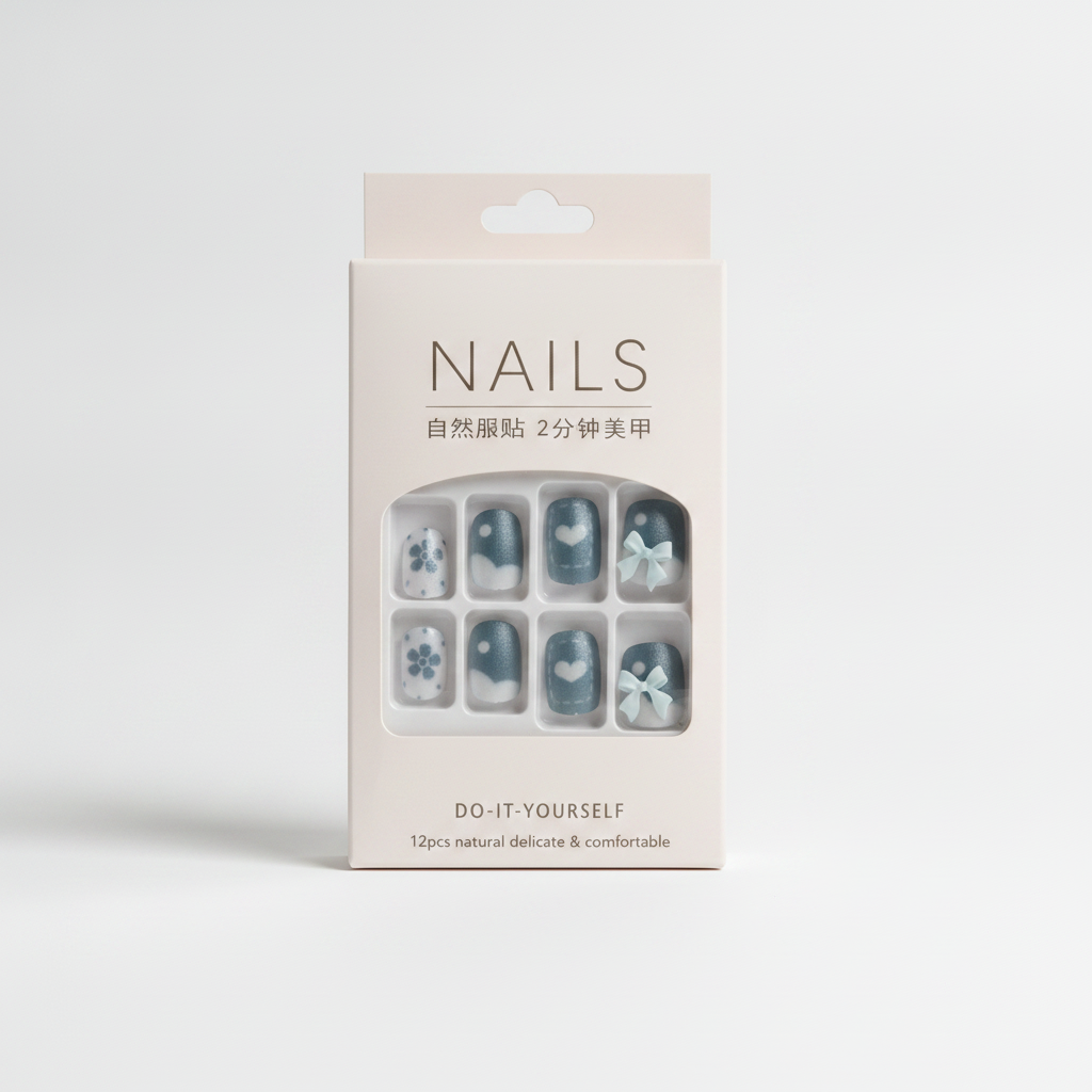 Press-On Nails Blue Floral & Bow DIY Set – 12 Pcs