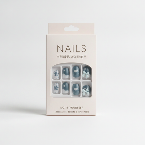 Press-On Nails Blue Floral & Bow DIY Set – 12 Pcs