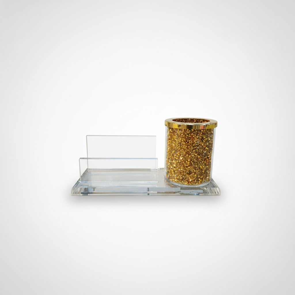 Crystal Gold Pen & Mobile Holder Desk Organizer Set