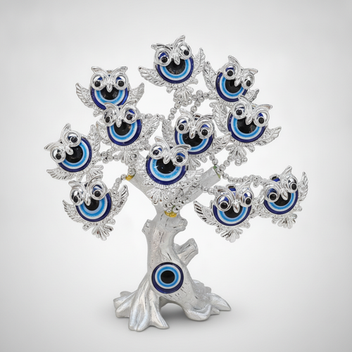 Evil Eye Owl Tree Figurine – Silver & Blue Lucky Charm Decor