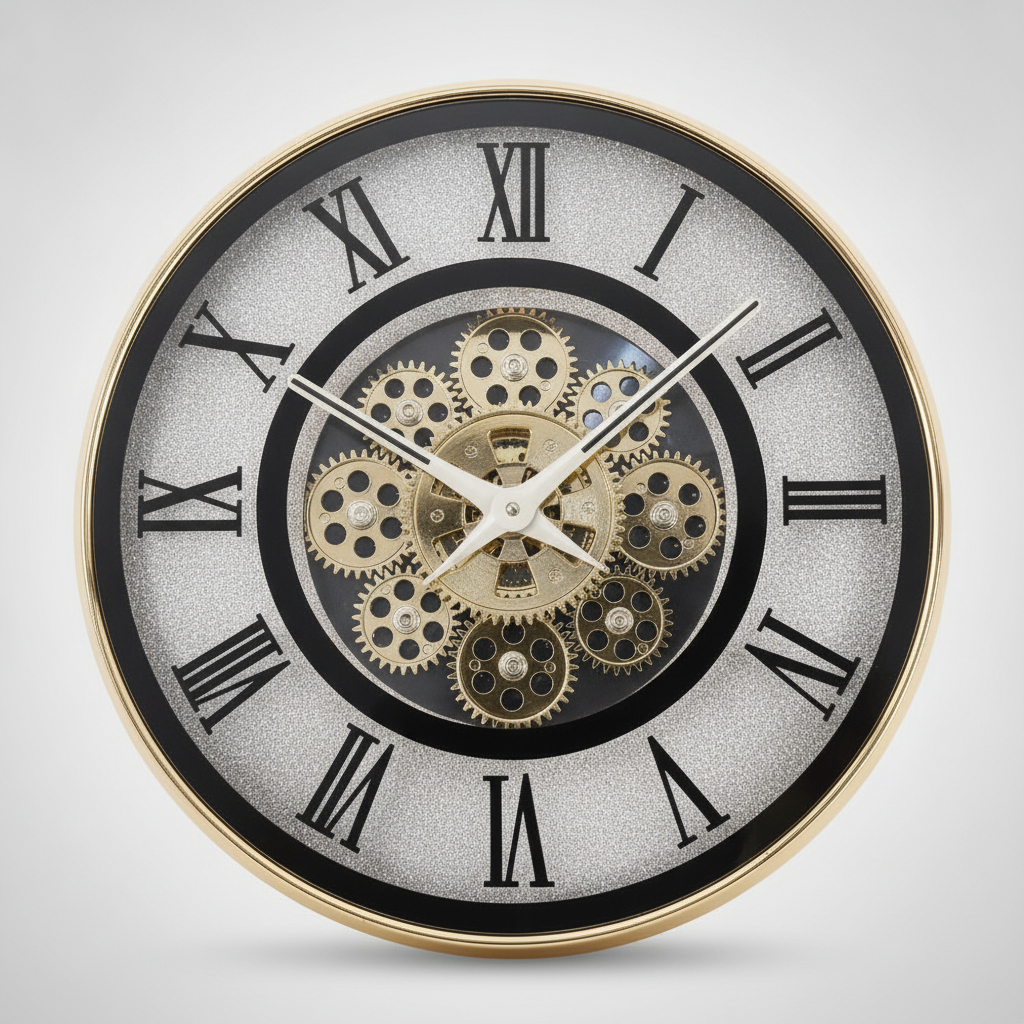Steampunk Gear Wall Clock with Roman Numerals & Gold Trim