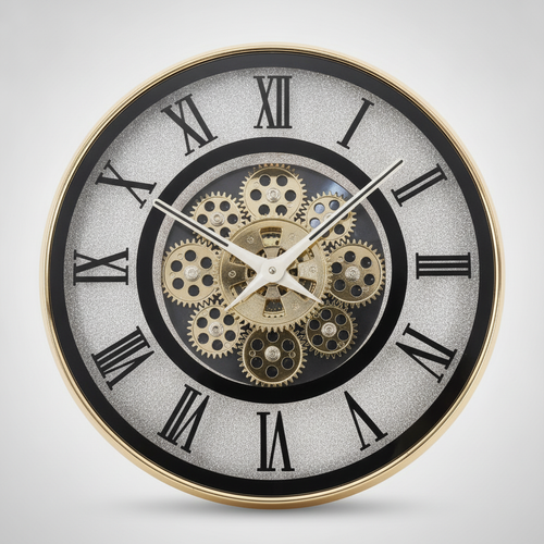 Steampunk Gear Wall Clock with Roman Numerals & Gold Trim