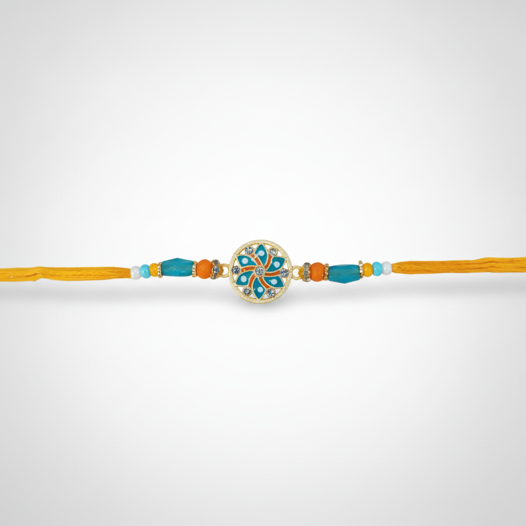 Floral Mandala Rakhi with Colorful Beads & Yellow Thread