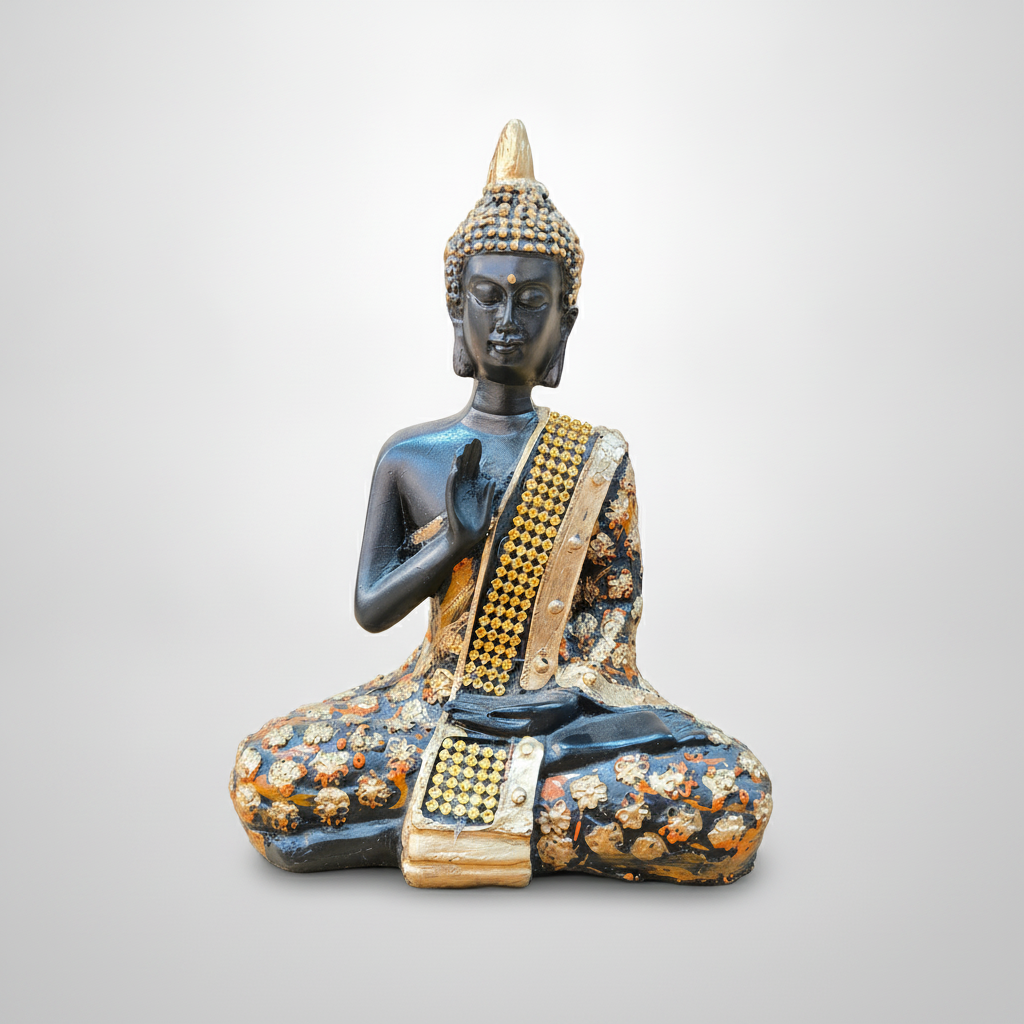 Thai Buddha Statue Black & Gold Resin Figurine 7.5"