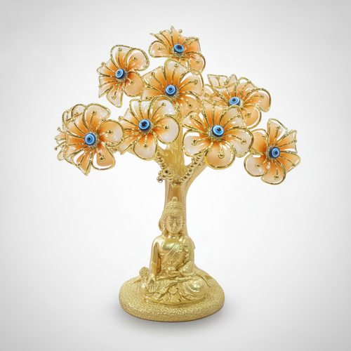 Golden Gautam Buddha Evil Eye Flower Tree Decorative Figurine