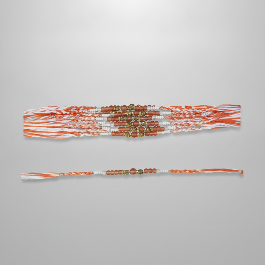 Handcrafted Beaded Rakhi Set – Orange & Gold (Box of 12)