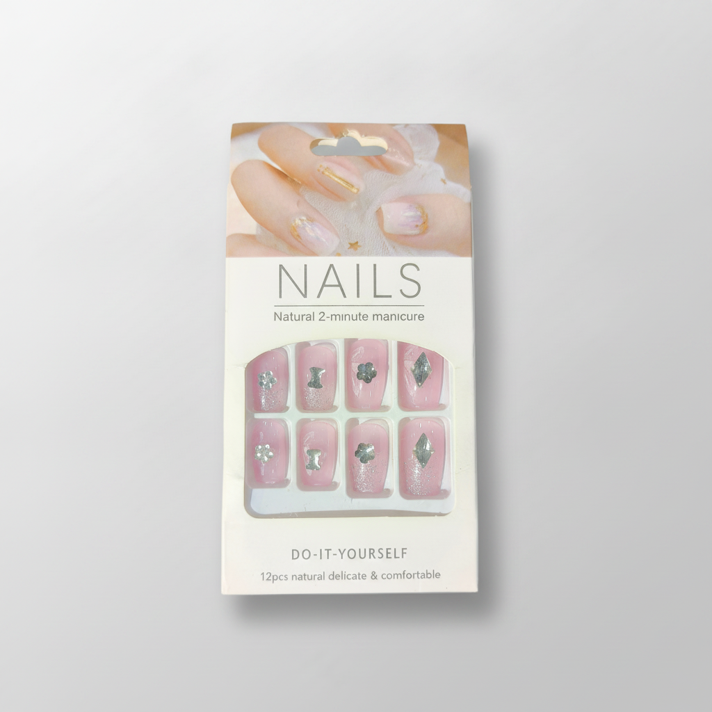 Press-On Nails Pink with Silver Charms – Kids & Adults