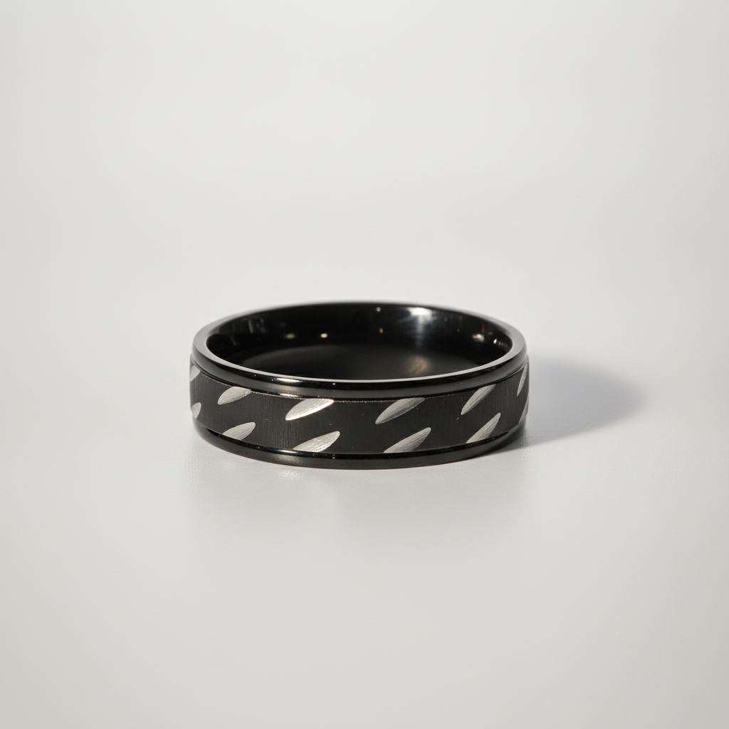 Black Band Ring with Silver Leaf Inlay Pattern for Men