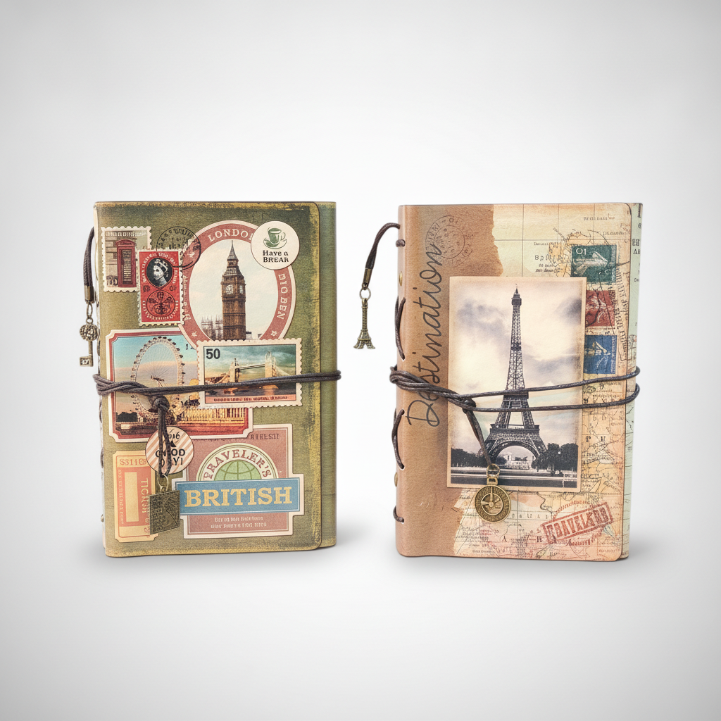 Vintage Travel Journal Notebook with Bookmark & Card Pocket