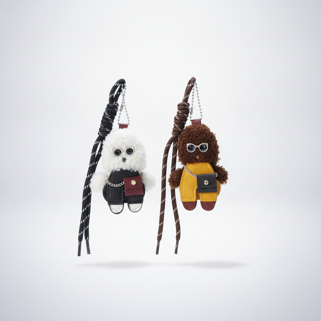 Cute Fluffy Dog Keychain with Tiny Bag & Sunglasses
