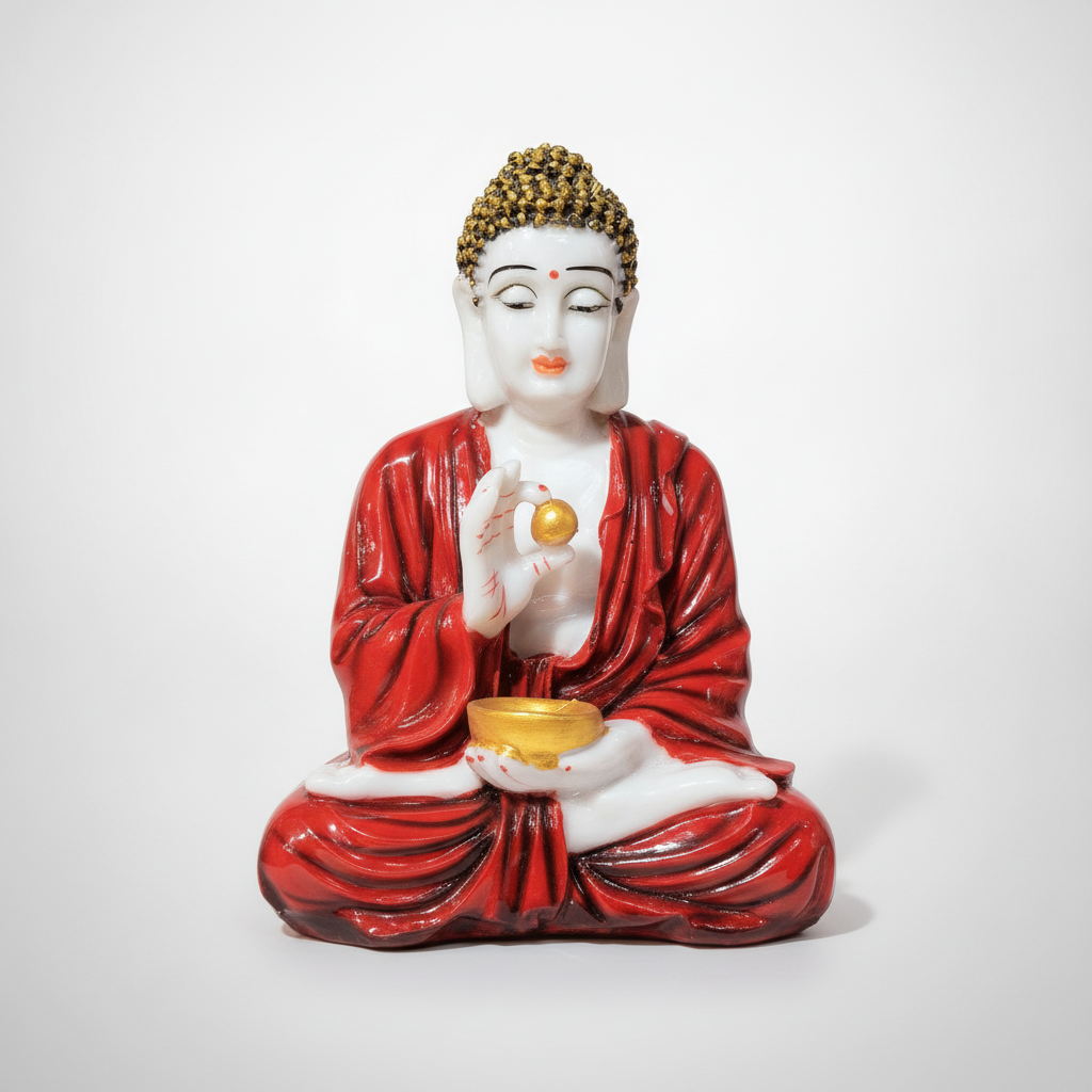 Gautam Buddha Statue in Red Robe with Gold Bowl – 12 Inch