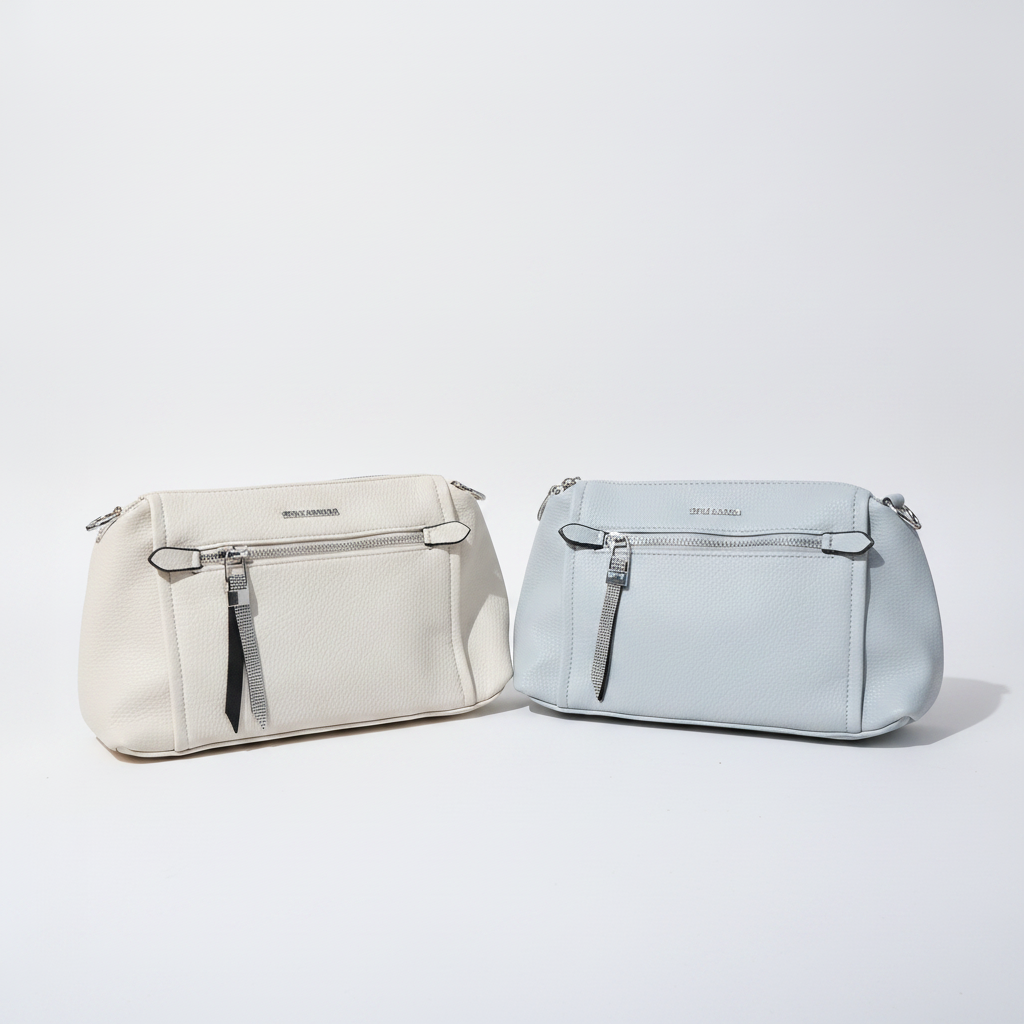 Elegant Pebbled Crossbody Bag with Crystal Zipper Detail