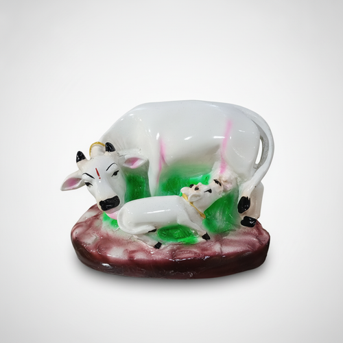 Sacred Cow & Calf Statue – White Resin Hindu Figurine