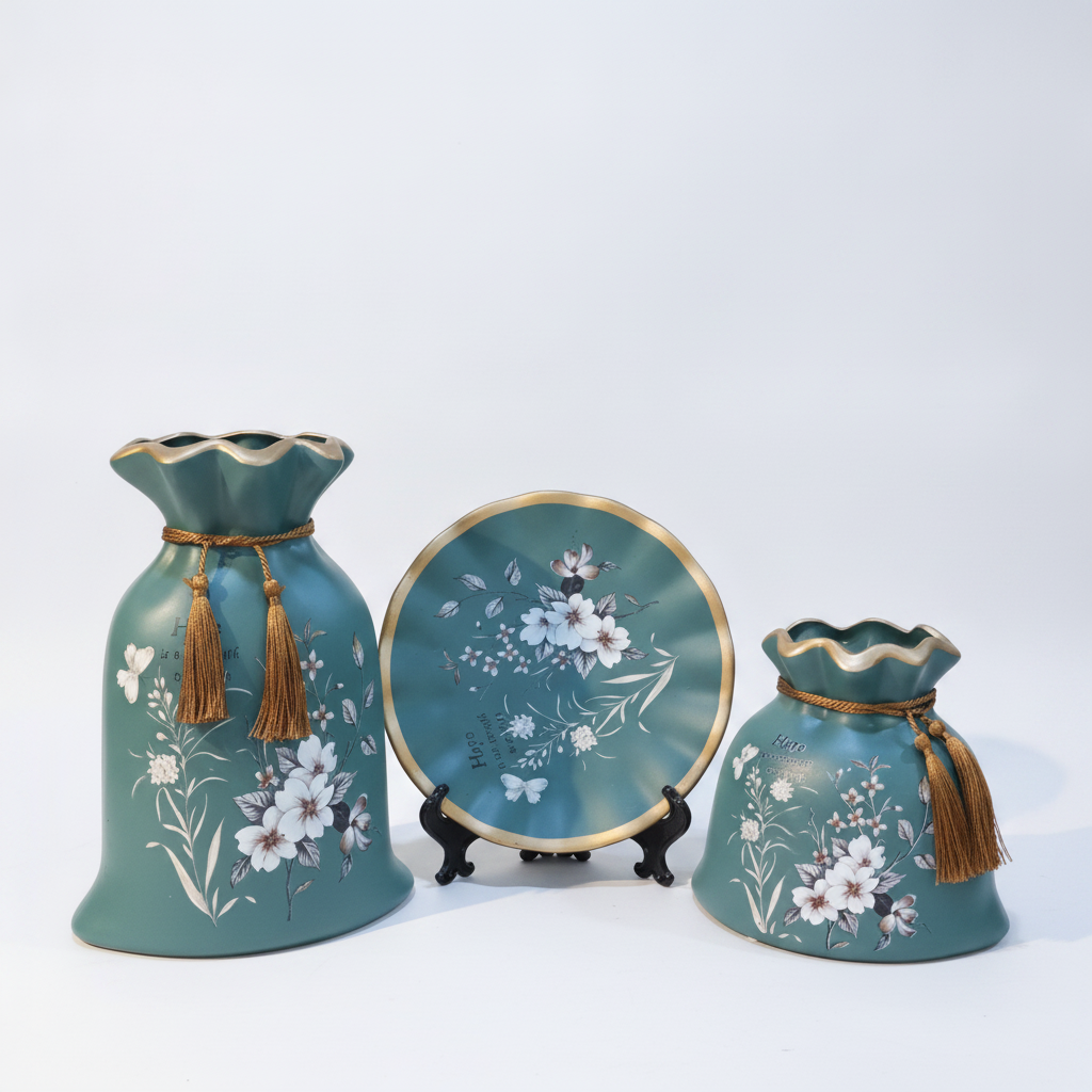 Elegant Teal Floral Ceramic Vase & Decorative Plate Set