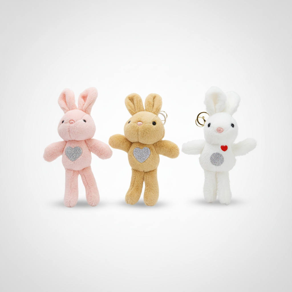 Fluffy Bunny Plush Keychain with Glitter Heart – Set of 3