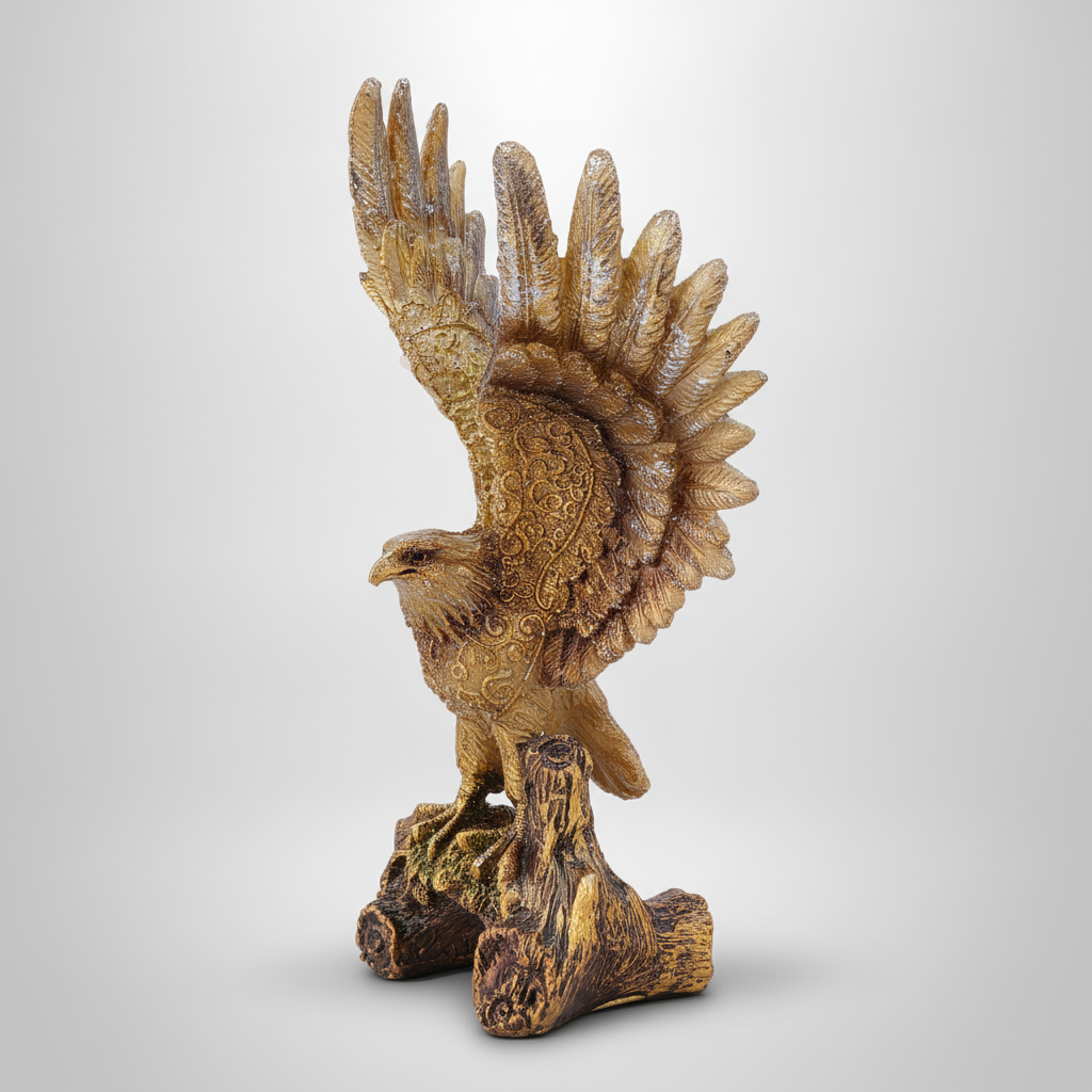 Golden Eagle Figurine on Driftwood Base – Ornate Resin Statue