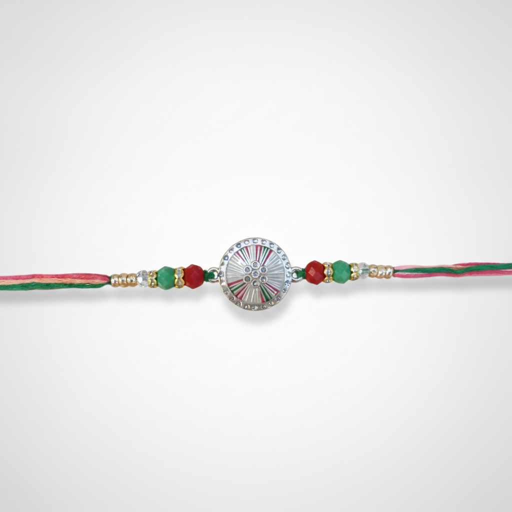 Elegant Meenakari Chakra Rakhi with Crystal Beads