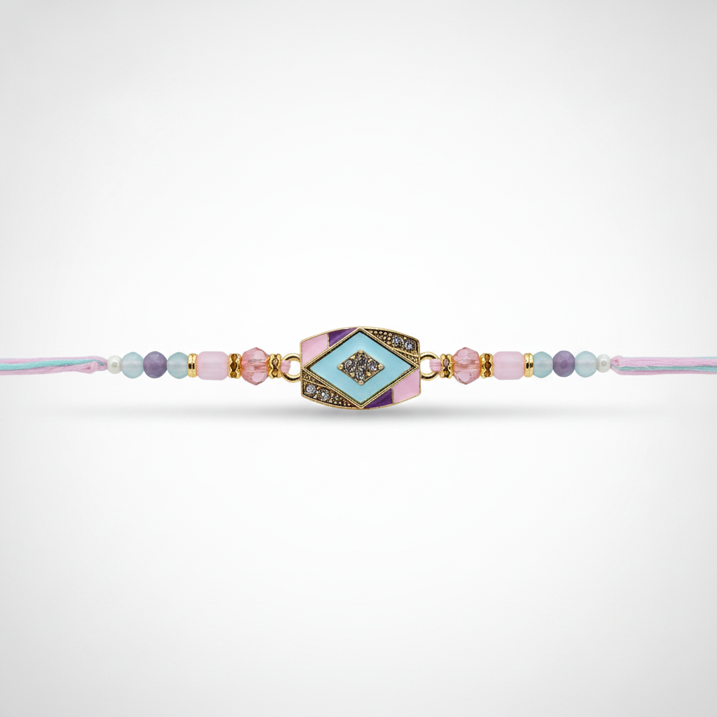 Pastel Diamond Charm Rakhi Bracelet with Crystal Beads