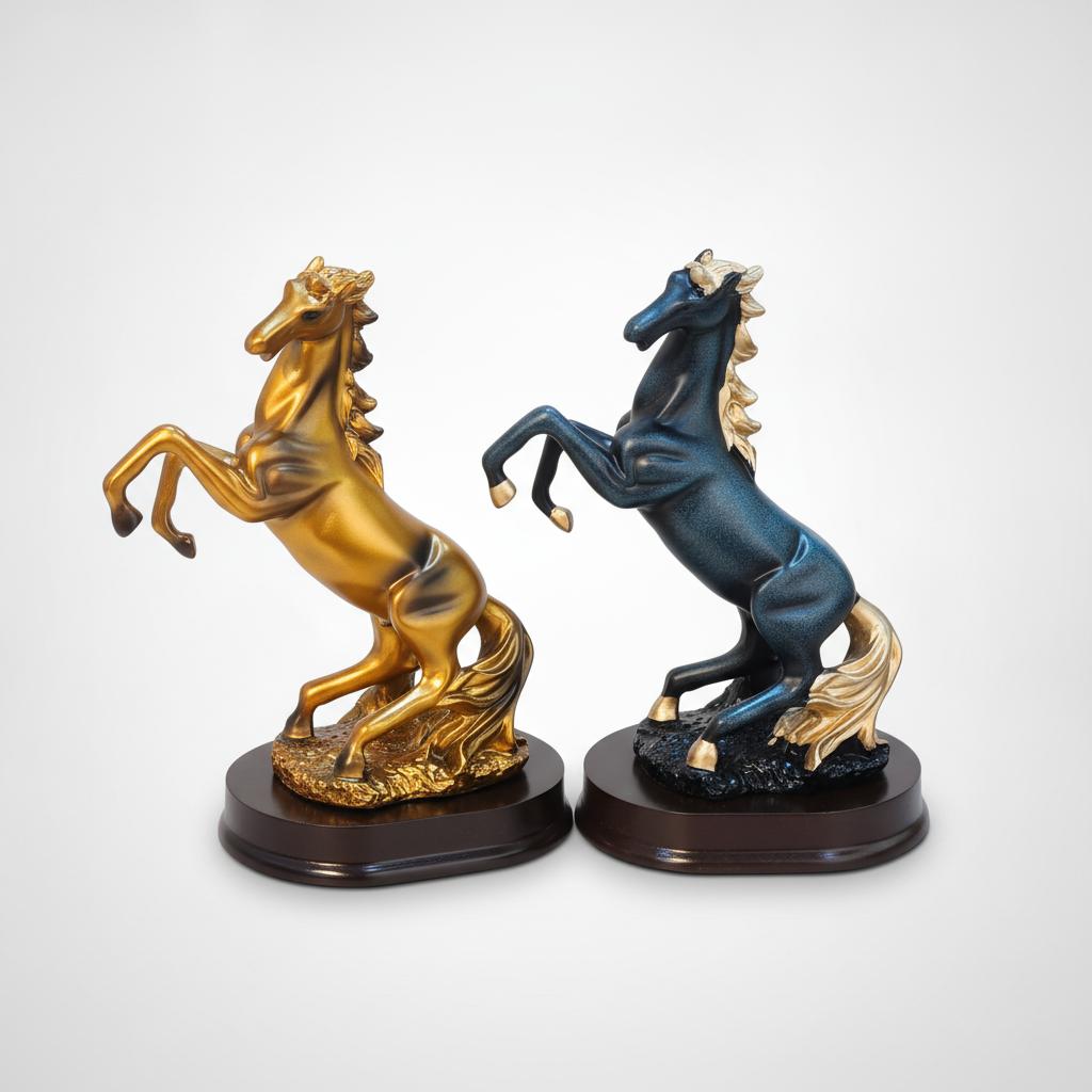 Rearing Horse Duo Figurine Set – Gold & Black Resin Statues