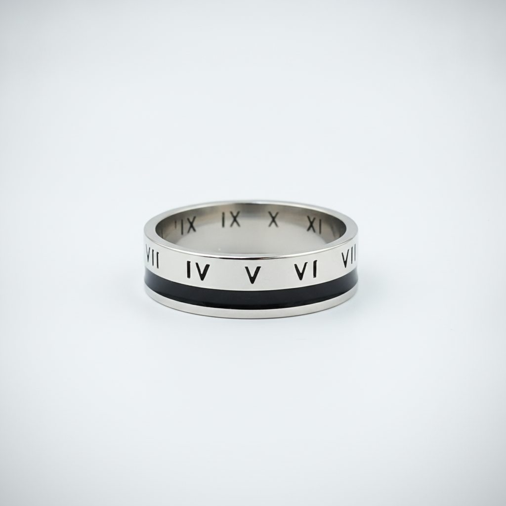 Men's Roman Numeral Stainless Steel Band Ring Silver & Black