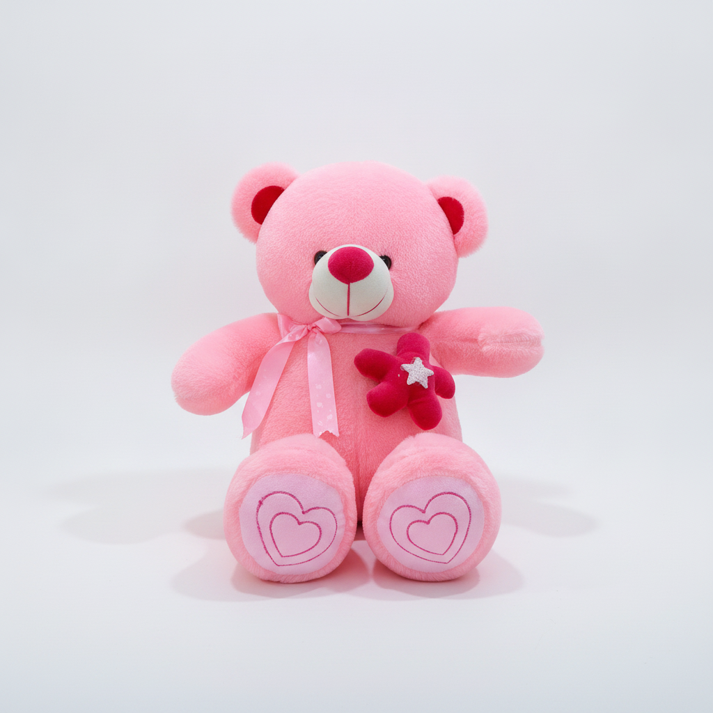 Pink Teddy Bear Soft Toy with Heart Paws & Flower