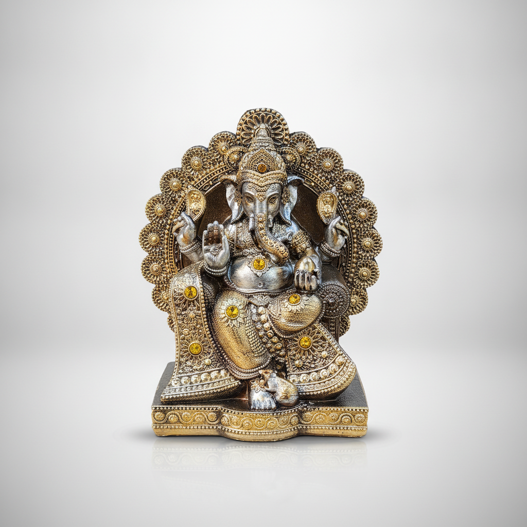 Lord Ganesha Idol Ornate Silver & Gold Resin Statue