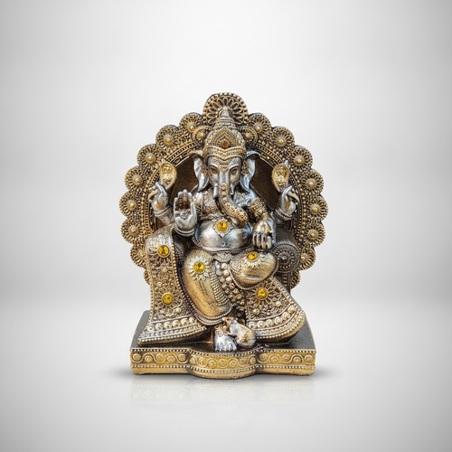 Lord Ganesha Idol Ornate Silver & Gold Resin Statue