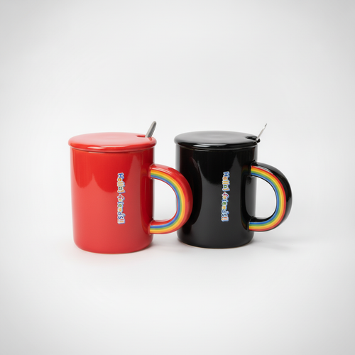 Hello Friends Rainbow Handle Ceramic Mug with Lid & Spoon