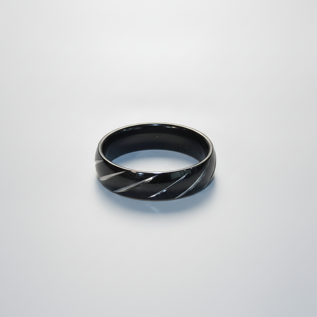 Black Stainless Steel Men's Band Ring with Silver Diagonal Stripes