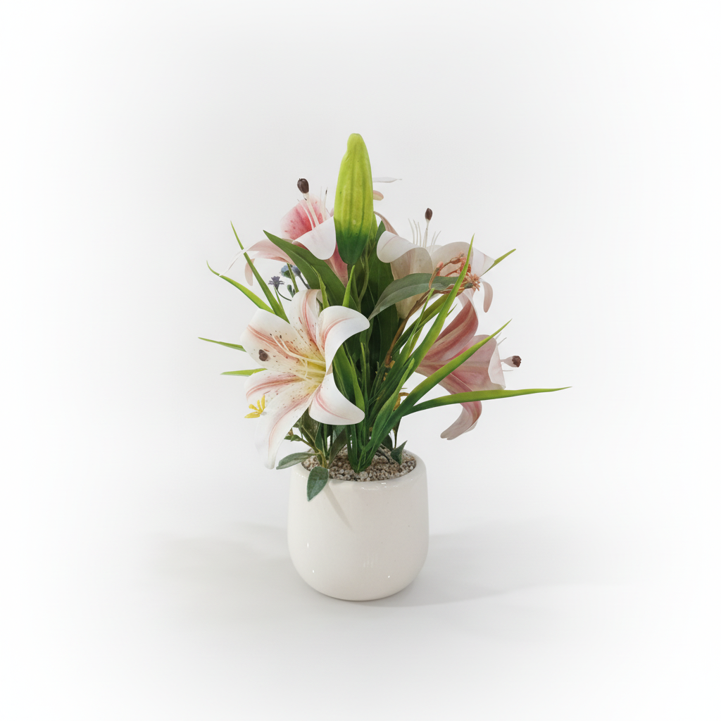 Elegant Lily Silk Flower Arrangement in White Ceramic Vase