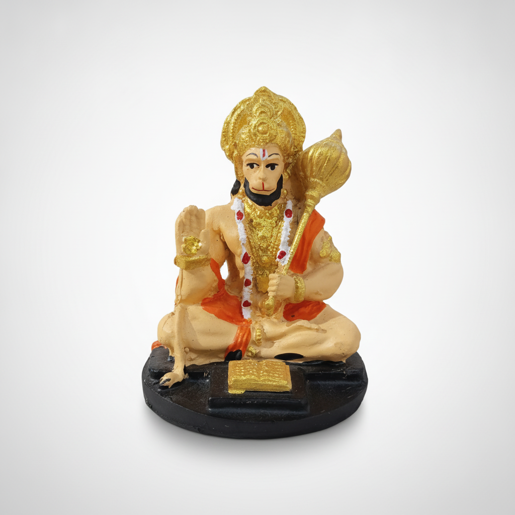 Lord Hanuman Seated Figurine | Gold & Orange Resin Idol